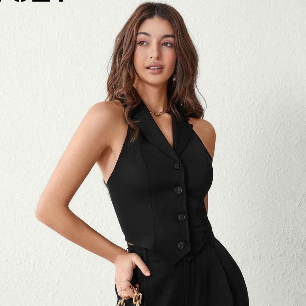 V Neck Woven Halter Button Front Blazer Vest